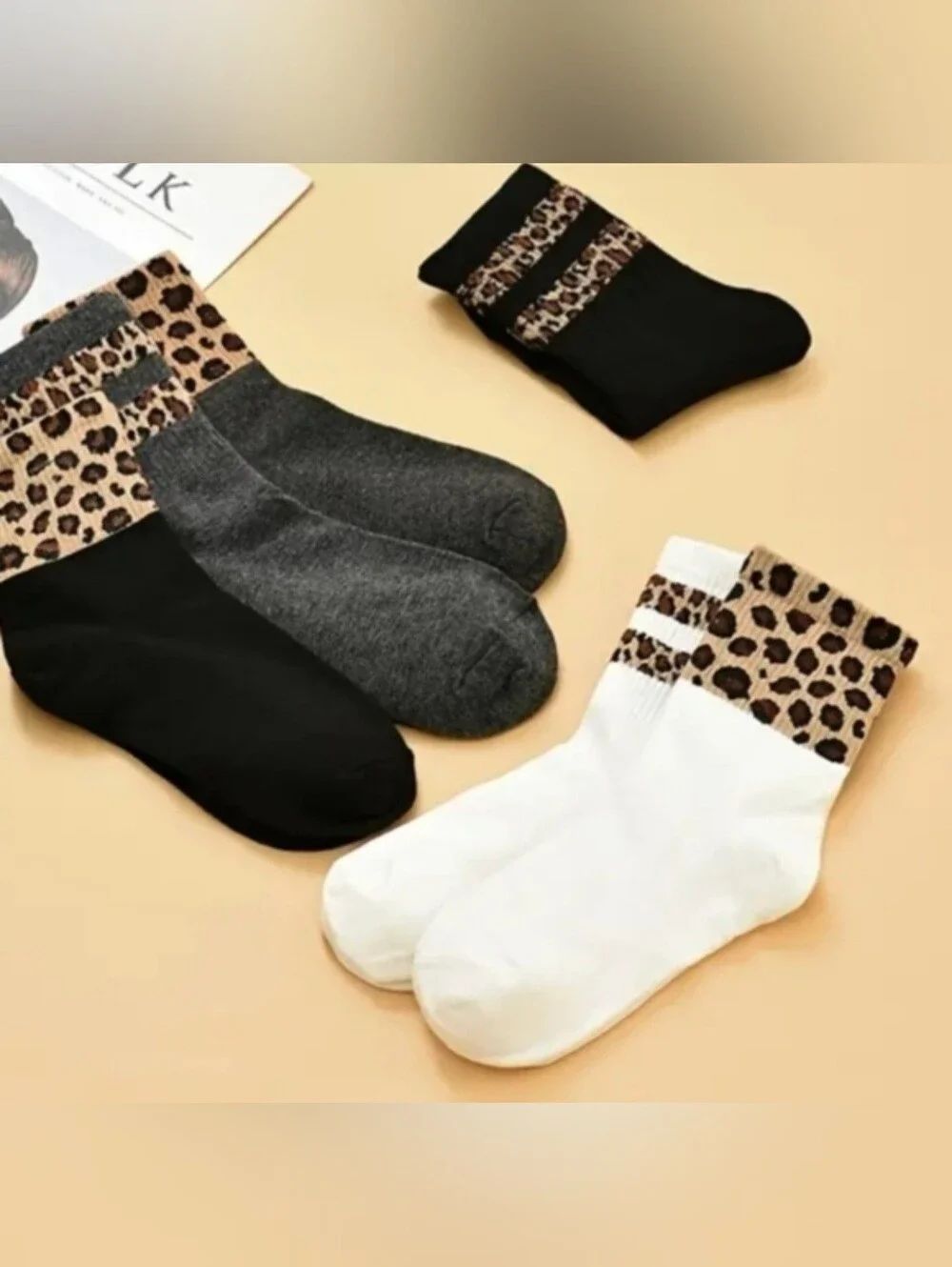 Leopard Womens Fashion Socks White Black&Grey One Size Breathable BNWT 6 Pairs